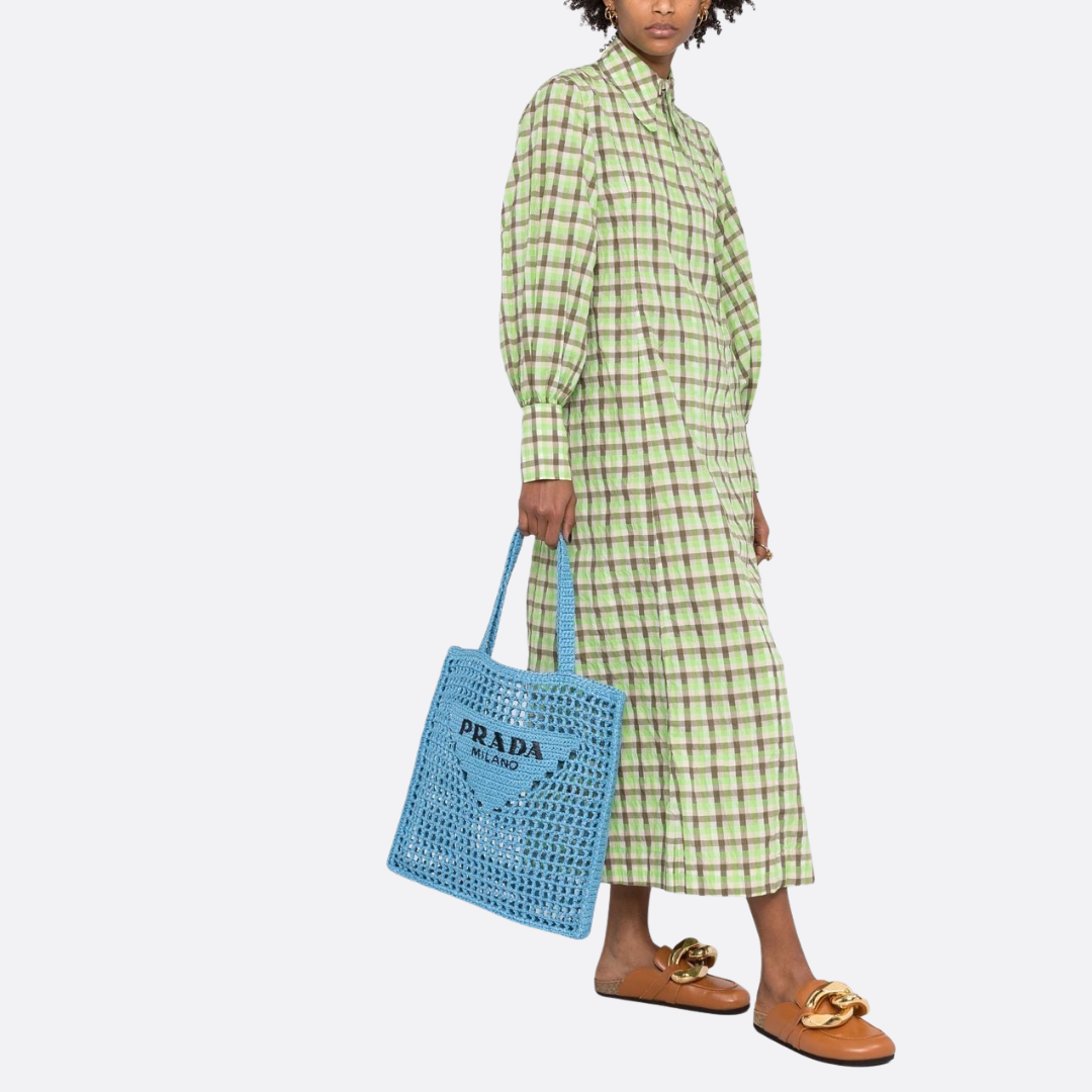 PRD Raffia Bag With Woven Logo In Blue